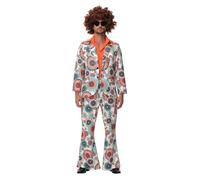 Men's 70s Disco Costume, Retro Psychedelic Print Flared Trousers & Jacket Set with wig, Ideal for 1970s Themed Parties, Carnival, Halloween & Hen Do, Includes Wig for Complete Groovy Look