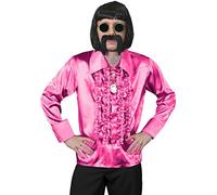 MENS 70S DISCO FANCY DRESS COSTUME - MENS BLACK BOB WIG, PINK DISCO SHIRT, GOLD MEDALLION, ROUND COLOURED GLASSES + BLACK MOUSTACHE - FUNKY FANCY DRESS COSTUME - PINK SHIRT