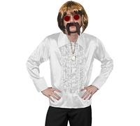 MENS 70S DISCO FANCY DRESS COSTUME - MENS BROWN BOB WIG, WHITE DISCO SHIRT, GOLD MEDALLION, RED COLOURED GLASSES + BROWN MOUSTACHE - FUNKY FANCY DRESS COSTUME - WHITE SHIRT (X-LARGE)