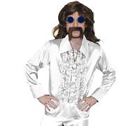 Mens 70s Disco Fancy Dress Costume - Mens Long Brown Wig, White Disco Shirt, Gold Medallion, Blue Coloured Glasses + Brown Moustache - Funky Fancy Dress Costume - White Shirt (Large)
