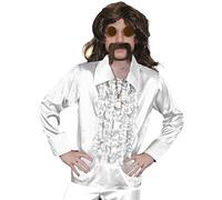 MENS 70S DISCO FANCY DRESS COSTUME - MENS LONG BROWN WIG, WHITE DISCO SHIRT, GOLD MEDALLION, ORANGE GLASSES + BROWN MOUSTACHE - FUNKY FANCY DRESS COSTUME - WHITE SHIRT (LARGE)