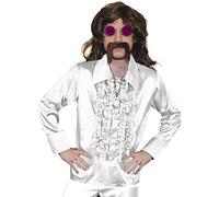 Mens 70s Disco Fancy Dress Costume - Mens Long Brown Wig, White Disco Shirt, Gold Medallion, Pink Coloured Glasses + Brown Moustache - Funky Fancy Dress Costume - White Shirt (Small)
