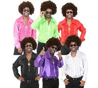 MENS 70S DISCO FANCY DRESS COSTUME NIGHT FEVER COSTUME - BROWN AFRO WIG, DISCO SHIRT, GOLD MEDALLION AND STYLE SUNGLASSES (PURPLE | LARGE)