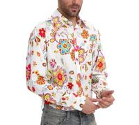 Mens 70s Disco Hip Hop Shirts Casual Button Down Paisley Floral Vintage Long Sleeve Large Collar Shirt, Light Yellow, Large