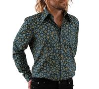 Mens 70s Disco Hip Hop Shirts Casual Button Down Paisley Floral Vintage Long Sleeve Large Collar Shirt, Navy Flower, Medium