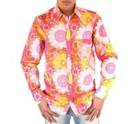 Mens 70s Disco Hip Hop Shirts Casual Button Down Paisley Floral Vintage Long Sleeve Large Collar Shirt, Pink, Large