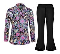 Mens 70s Disco Outfit Retro Floral Shirt Flare Pants Two Piece Stage Performance Outfit Set Mens Fleece Sweat Suits Purple