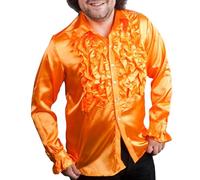 Mens 70s Disco Shirts Satin Ruffle Shirts Disco Party Shirts Shiny Metallic Long Sleeved Shirts Lapel Button-Down Shirts Sparkle Shirts Glitter Shirts for Nightclub Rock Prom Cosplay Orange
