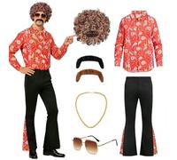Men's 70s Outfit, 7 Pieces Disco Costume Men's 70s with Shirt, Flared Trousers, Wig, Belt, Glasses, Beard & Gold Chain, Fancy Dress Costumes Men Disco for Carnival, Hippie Costume Men (XL)