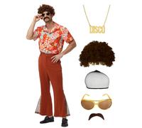 Men's 70s Outfit, 70s Disco Retro Costume Shirt and Flared Trousers with Wig, Sunglasses, Moustache Necklace, Wig Hair Net (Orange - A, XXL)