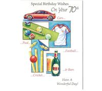 Men's 70th Birthday Card, Sports Theme with Cars Pool Football Cricket and Beer Design, 13 x 19 cm, Special Birthday Wishes Message Inside