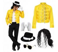 Mens 80s Pop Icon Fancy Dress Costume Set Yellow Jacket Wig Hat Glasses | yellow jacket, curly wig, trilby hat, sunglasses, white gloves, sizes S-XXL
