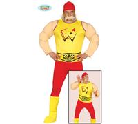 FIESTAS GUIRCA Invincible Champion Wrestler Mens Fancy Dress Costume - Red & Yellow Wrestling Maniac Fancy Dress Men Size S 36-38