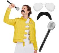 Men's 80s Rock Legend Costume - Yellow Jacket, Glasses, Moustache & Microphone - Fancy Dress Outfit Inspired by Music Icons for Halloween, Stag Dos & 1980s Parties - One Size Up To 44" Chest
