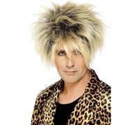 Mens 80s Rock Star Wig Blonde Spiky Highlight Fancy Dress Costume Accessory