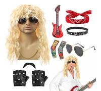 Men's 80s Rocker Costumes - 10PCS Halloween Rockstar Outfit With Wig, Headband, Gloves & Guitar | Complete Costume Set For Men, Retro Party Dress-Up, 1980s Music Accessories Adults