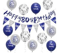 Mens 80th Birthday Decorations Blue Silver 80th Birthday Party Decorations Banner Bunting Kit Blue by Sheinly