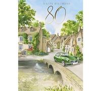 Mens 80th Milestone Birthday Card - Age 80 - Vintage Car Driving Through Village with Foil Finish - Eco-Friendly and Recyclable - by Paper House