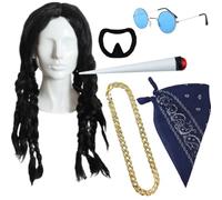 Men's 90s Rapper Fancy Dress Costume Set with Black Dreadlocks Wig, Fake Goatee, Gold Chain, Blue Bandana, Joke Spliff, Blue Hippy Glasses - Halloween Fancy Dress Outfit