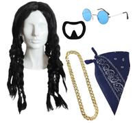 Men's 90s Rapper Fancy Dress Costume Set with Black Dreadlocks Wig, Fake Goatee, Gold Chain, Blue Bandana, Blue Hippy Glasses - Halloween Fancy Dress Outfit