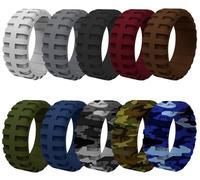 Mens 9mm Wide Tire Pattern Silicone Wedding Band 10pcs set Black Brown Camo Blue Rubber Rings - US Size 7-14, Silicone, No Gemstone