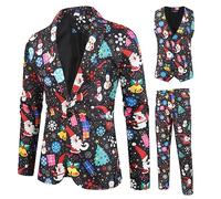 Men's A-Suit 4 Christmas Casual Business 3-Piece Suit - One Button Jacket, Vest, Pants - Funny Xmas Snowman Snowflake Tuxedo - XXXL