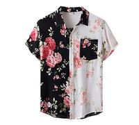 Mens Abstract Geometric Patchwork Shirt Stylish Short Sleeve Button Down Casual Top Summer Beach Shirts for Trendy Daily Wear, Black, XL