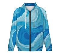 Men'S Abstract Ocean Waves Zip Up Hooded Sweatshirt, Fashion Street Style Hoodies, Soft And Breathable Sweatshirts With Pockets, Comfortable Against The Skin Blue Casual Long Sleeve Zipper Cardigan