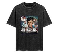 Men's Acid Washed T-Shirt Feel Soft Six Million Dollar Man Lee Majors 70S Tv Short Sleeves XL Black