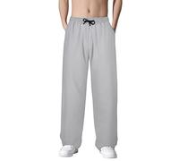 Mens Activewear Trousers Stretch Ice Silk Sweatpants Loose Fit Solid Color Sports Pants Jogging Bottoms Trouser Elasticated Waist Drawstring Pants Straight Wrinkle-Resistant Flat-Front Trousers Grey