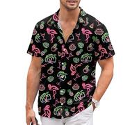 Men's Adult Hawaiian Shirt Short Sleeve Casual Button Down Summer Tropical Beach Vacation Funny Shirts for Men, Neon Flamingo, Large
