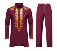 Men's African 2 Piece Set Ethnic Style Long Sleeve Gold Print Dashiki and Pants Slim Fit Button Tops & Elasticated Waist Trousers Outfit Traditional Suit Stand Collar Pullover Lounge Wear