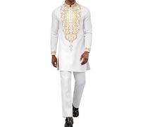 Mens African 2 Piece Set Half Zipper Nigerian Dashiki Metallic Shirt and Pants Outfit Gold Stamp Long Traditional Suit, White, L