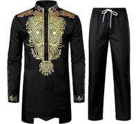 Men's African 2 Piece Set Long Sleeve Gold Print Dashiki and Pants Outfit Traditional Suit