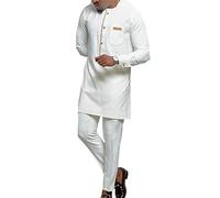 Men's African 2 Piece Set White Dashiki Suit Long Sleeve Ankara Shirt and Pants Outfits