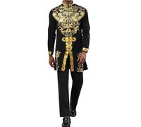 Mens African 2 Piece Set Zipper Nigerian Dashiki Metallic Shirt and Pants Outfit Gold Stamp Printed Long Traditional Suit, Black, XXL