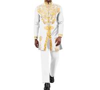 Mens African 2 Piece Set Zipper Nigerian Dashiki Metallic Shirt and Pants Outfit Gold Stamp Printed Long Traditional Suit, White, XL