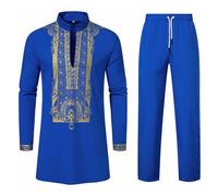 Mens African 2 Piece Set Zipper Nigerian Dashiki Metallic Shirt and Pants Outfit Gold Stamp Printed Long Traditional Suit Long Sleeve Tunic Top with Trouses (Blue, M)