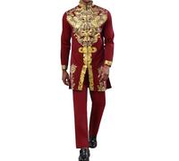 Mens African 2 Piece Set Zipper Nigerian Dashiki Metallic Shirt and Pants Outfit Gold Stamp Printed Long Traditional Suit, Wine Red, XXL