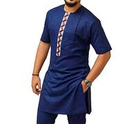 Men's African Dashiki 2 Piece Formal Suit Short Sleeve Shirt and Pant Outfits Traditional Clothing Tracksuits (Color : Blue, Size : XL)