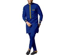 Men's African Dashiki Formal Suit Long Sleeve Shirt and Pant Two Piece Set Traditional Tribal Outfits, Royal Blue-1, Large