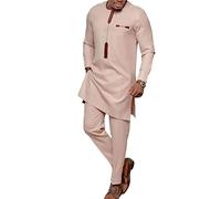 Men's African Formal Clothes 2 Pieces Set Traditional Dashiki Outfits Long Sleeve Top Shirt and Pants Clothing Tracksuit (Color : Pink, Size : M)