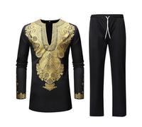 Men's African Month Ethnic Features Leisure Trend Two Piece Set Open Collar Robe Top Trousers Travel Garment Bag Black, black, XL