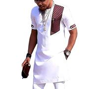 Men's African Traditional Clothes 2 Piece Set Cotton Ethnic Dashiki Outfit Short Sleeve Tunic Caftan Shirt and Pant (2 Piece Set,L)