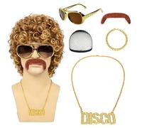 Men's Afro Wig Set, 70s 80s Disco Dude Shaggy Curly Short Wig with Wig Moustache Sunglasses Hair Net Bracelet Carnival Halloween Party Costume