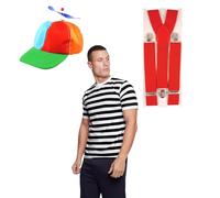 Men's Alice in Wonderland Tweedle Dee & Tweedle Dum Costume Set - Striped T-Shirt, Helicopter Hat & Red Braces - World Book Day Fancy Dress (LARGE)
