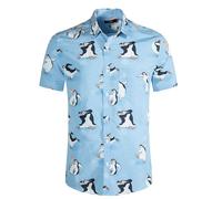 Mens Aloha Hawaiian Shirt Flamingos Penguin Printed Tropical Novelty Casual Short Sleeve Beach Wear, P-blue, Large