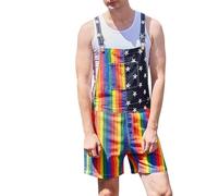 Men's American Flag Dungarees USA Flag Print Jean Shorts Rompers Adjustable Straps Jumpsuits Work Bib and Brace Overalls Playsuits Suspender Demin Shorts Hot Pants Rave Party Clubwear with Pockets