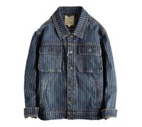Men's American Simple Denim Jacket Retro Striped Denim Jacket Loose Coat Blue 3XL