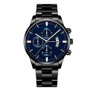 Men's Analogue Elegant Formal Executive Exclusive Modern Work Calendar Stainless Steel Extendable Adjustable Butterfly Safety Clasp, Black with blue, M, Classic